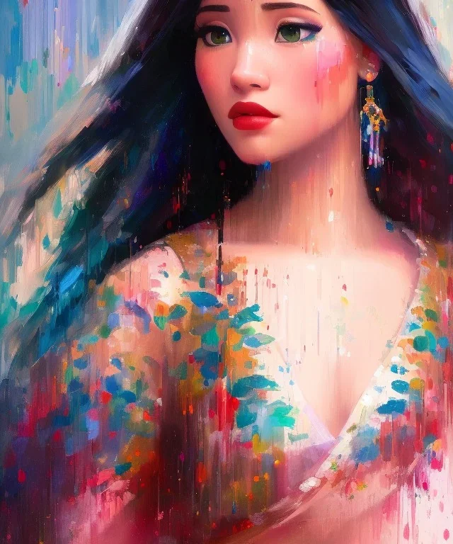 realist impressionist portrait of "The Curious Female" by Ross Tran rework. Masterpiece, best quality, painted impressionist brush strokes. paint drips and drabs and splatters by and by art nouveau and richard schmid . Paint spatters, drips, drabs, dynamic, artstation, artgerm