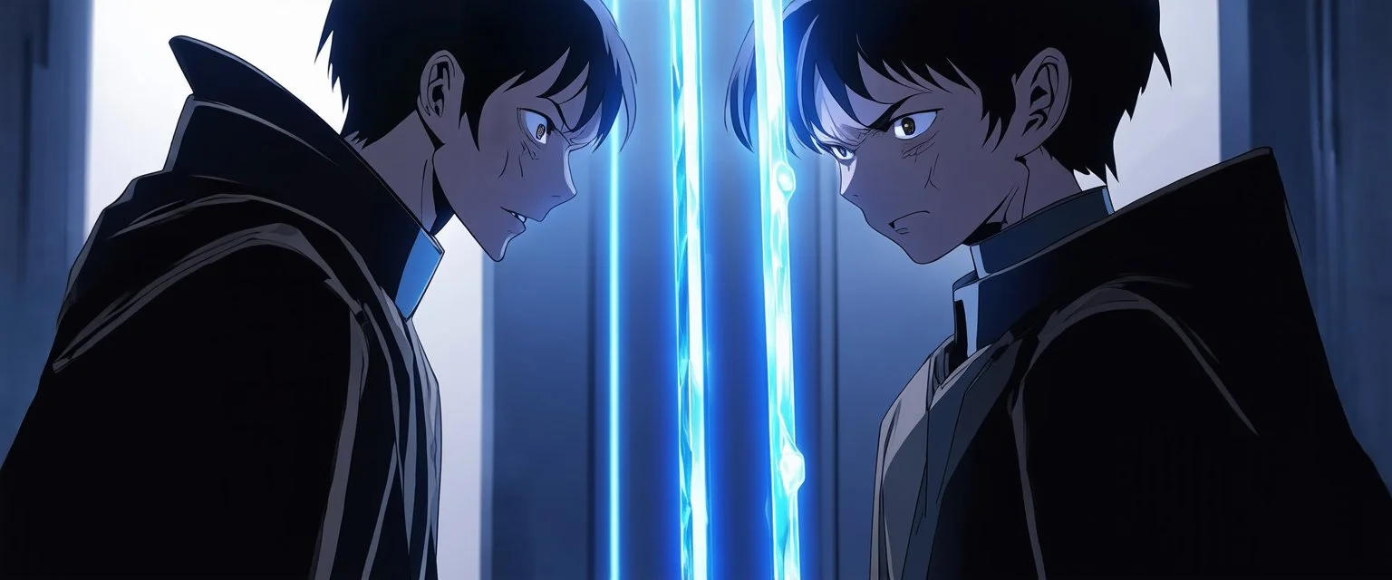 Close-up confrontation between an ancient alien outcast leader and a space broker, standing only a meter apart, intense eye contact, glowing crystalline rod between them, anger mixed with sadness, dramatic facial expressions, shallow depth of field, cinematic lighting, stylized 3D anime, airbrush painting, crisp outlines