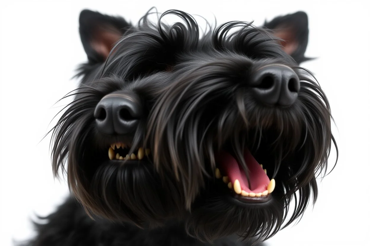 side-front of head nose, mouth with teeth, ears and eyes of a black Scottish terrier coming up from the side-bottom, mouth open biting, white background