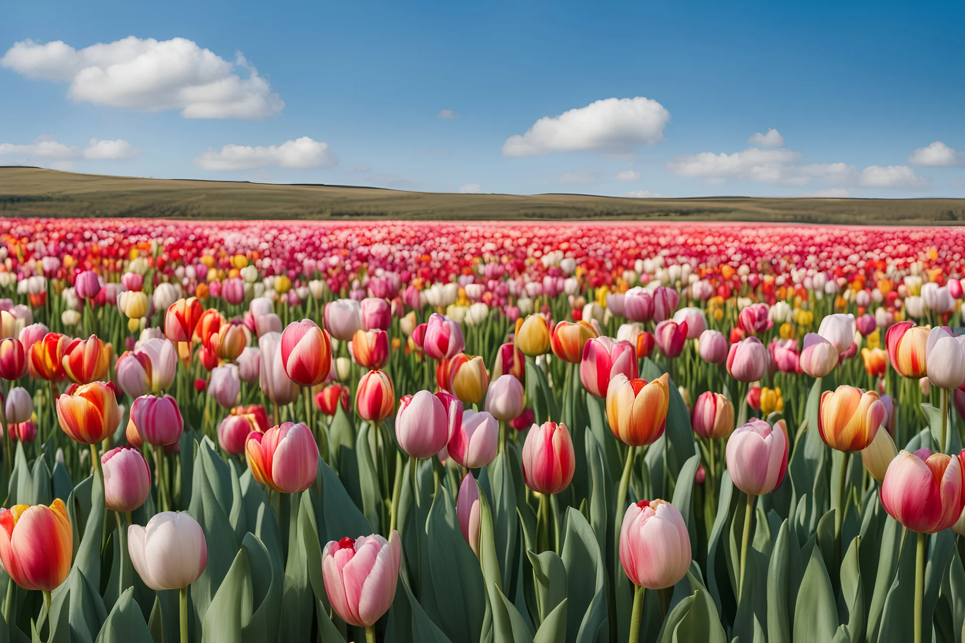 A field of tulips in different colors under a blue sky