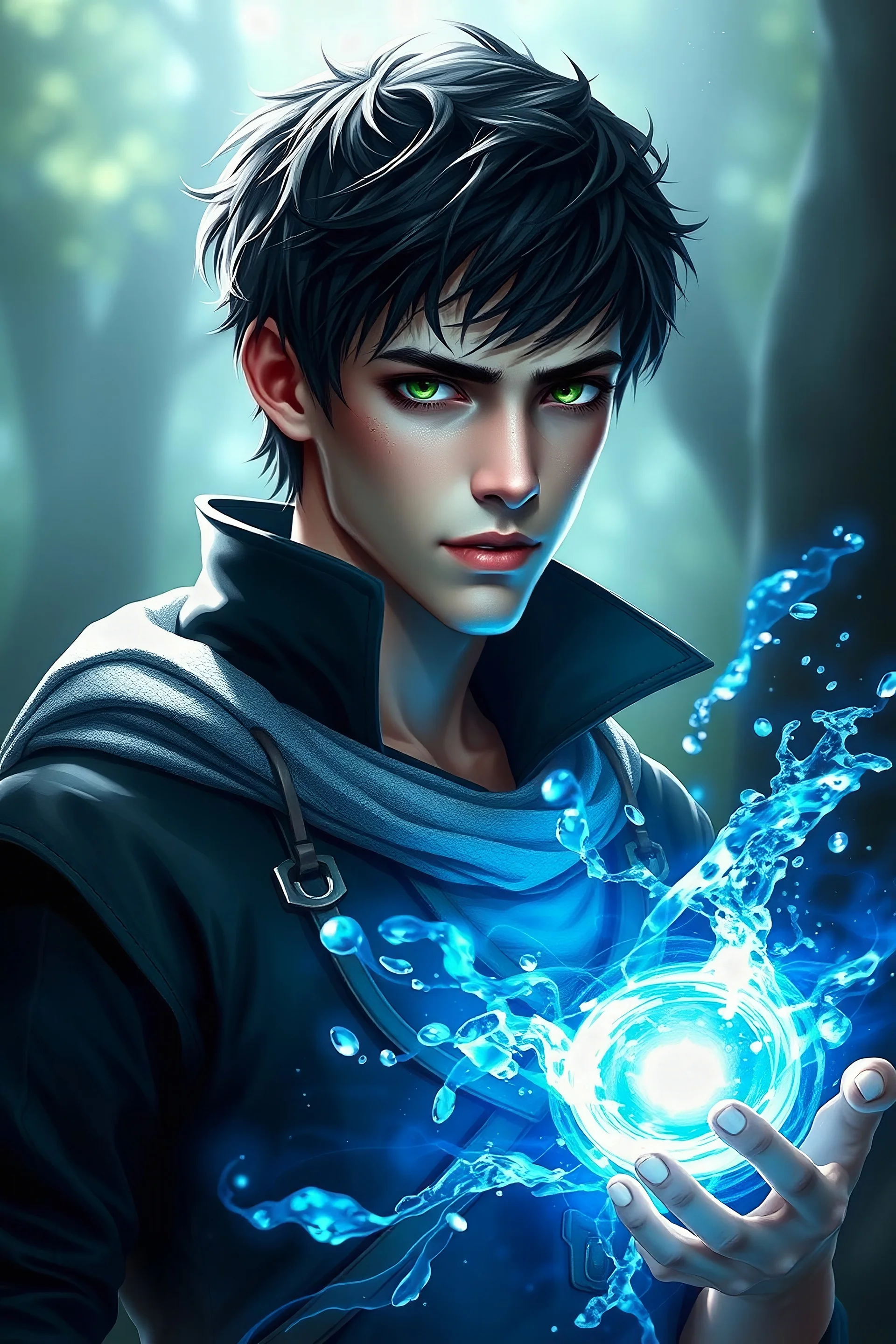 fantasy tall white male young adult that has water magic that has short black hair, green eyes