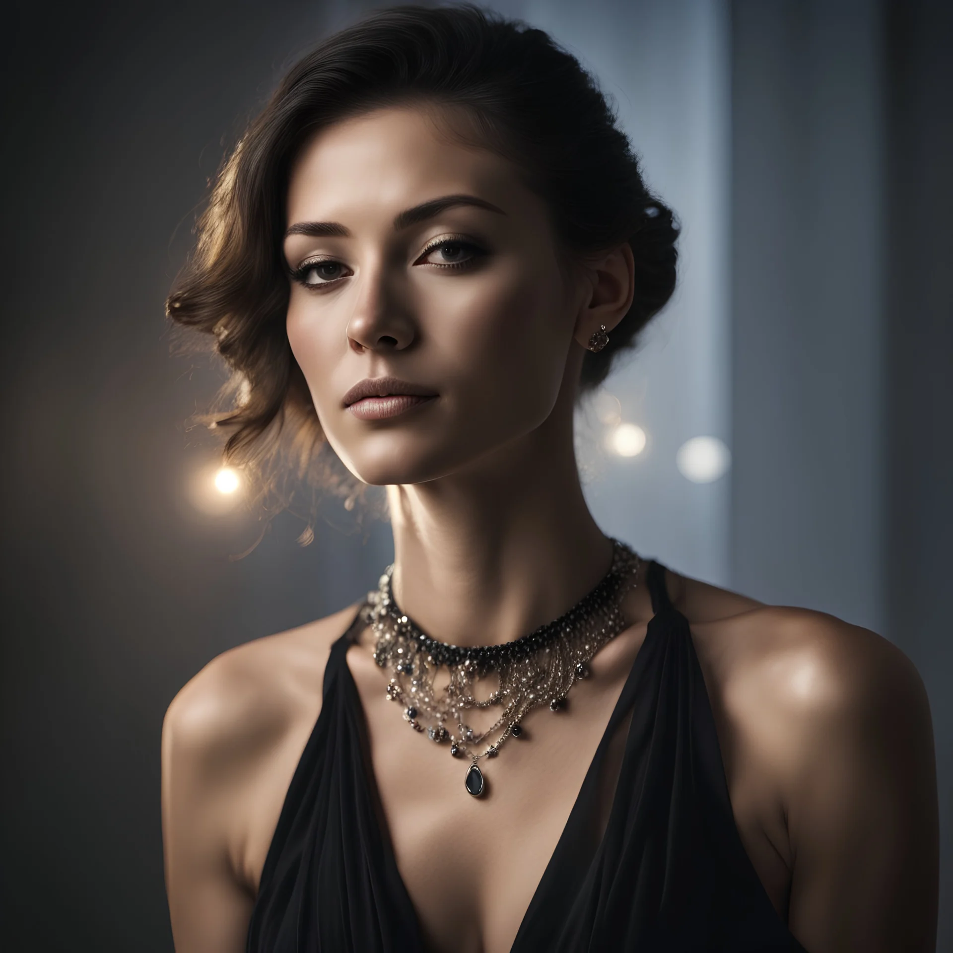 a portrait of a beautiful woman, wearing a black dress with a necklace around the neck, side shot with a play of lights and shadows, high definition,