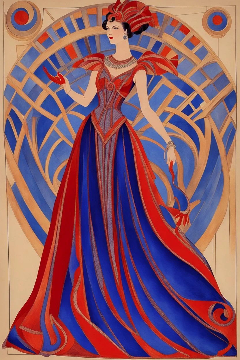 A flamboyant Art Deco opera dress by artist "Luminous Lapislazuli",by artist "Vibrant Velvet"