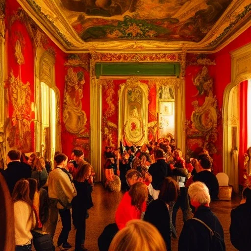 Celebration in a schloss, cheering people, Austrian aesthetic, warm colors, wooden floor, green walls, red, chiaroscuro, 8k, HD, cinematography, photorealistic, Cinematic, Color Grading, Ultra-Wide Angle, Depth of Field, hyper-detailed, beautifully color-coded, insane details, intricate details, beautifully color graded, Cinematic, Color Grading, Editorial Photography, Depth of Field, DOF, Tilt Blur, White Balance, 32k, Super-Resolution, Megapixel, ProPhoto RGB, VR, Halfrear Lighting, Backlight