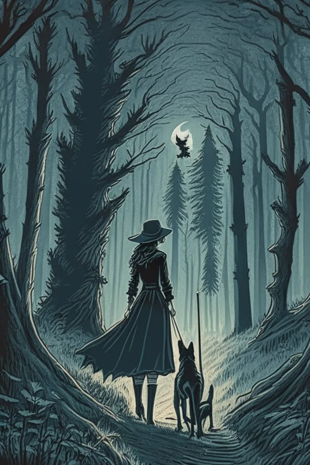 in the style of a Henry Justice Ford drawing, a beautiful witch walks through a dark forest, a dog is seen in the background standing against the horizon, waiting for her