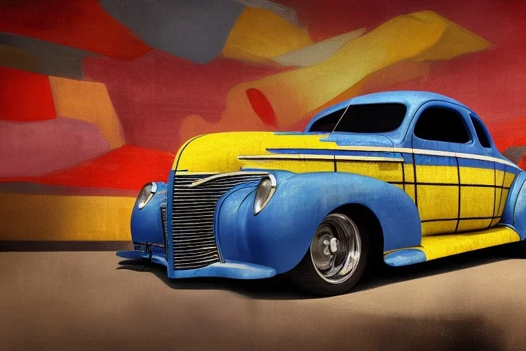 abstract painting in the randomly mixed art styles of piet mondrian and georgia o’keeffe, 1939 chevrolet coupe, chopped roof, lowered, classic dragster wheels, industrial buildings background, intricate details, cinematic, 8k, octane render, centered camera view, hdr, uhd, pivot on chevrolet