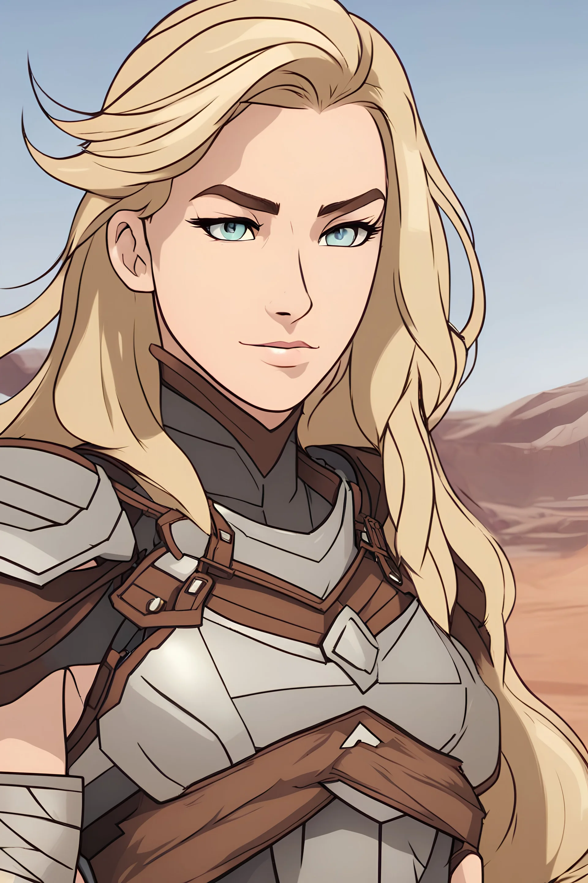 Woman with shoulder length blonde hair, light browneyes, bra-like armor, battle skirt muscular, smirking, desert background, RWBY animation style