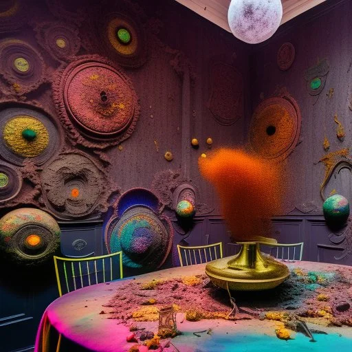 Close up polaroid photography of spooky room, eerie, table, Max Ernst, colored powder, Yves Tanguy, hypnotic, giant flowers, volumetric light, colors, details of the table very accentuated, filthy pieces of dismebered body, strong contrasts and dynamism