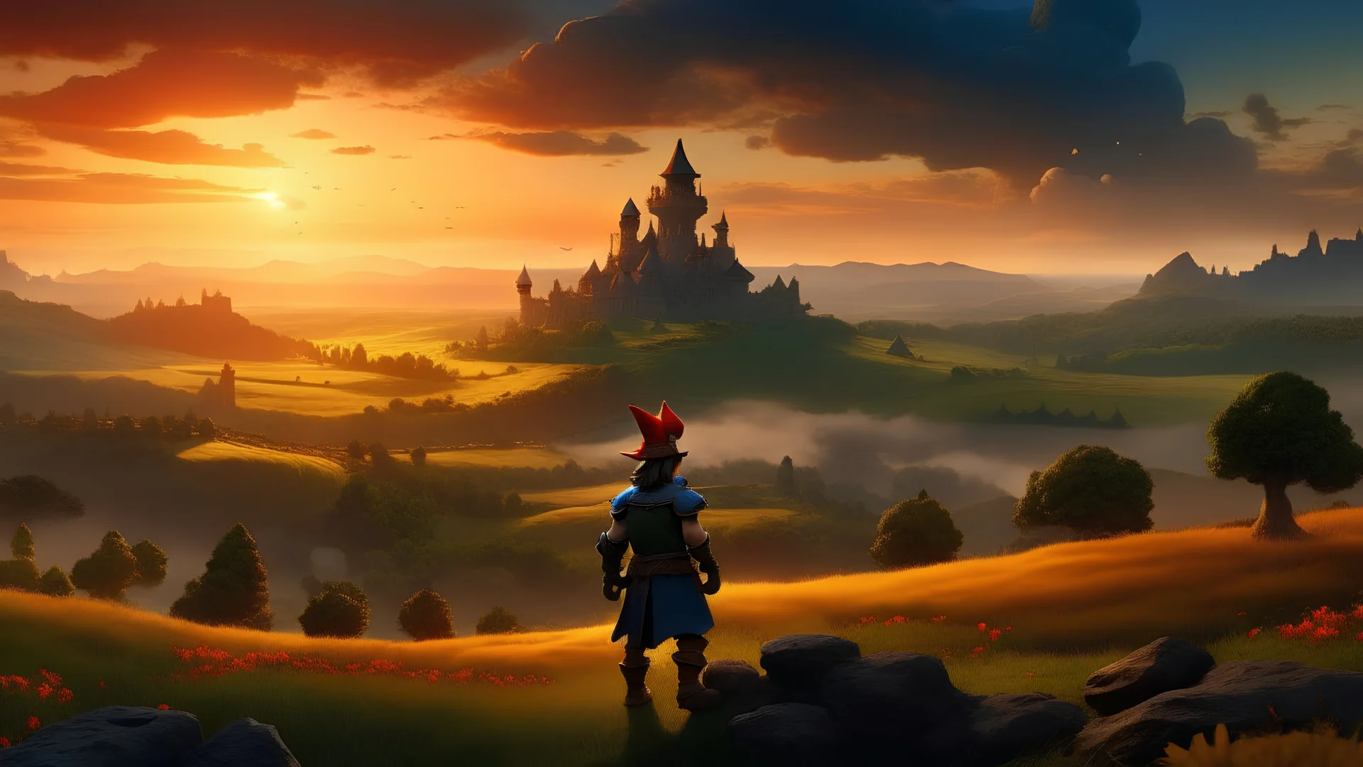 High quality wide shot of Mario on a hill overlooking a field, fantasy, epic, battle, army, fire, ruins, dragon, demons, buff, backshot, fog, sunset