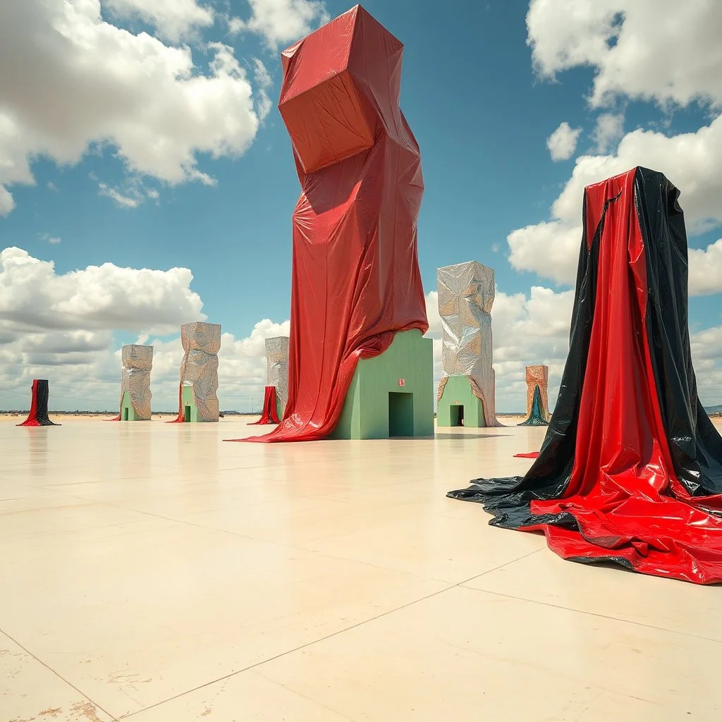 Fotografia di una superficie piatta di colore beige, azzurro chiaro, verde chiaro e giallo pastello, su cui si ergono alcuni gigantesche immense enormi strutture di forma indefinita, fatte di materiali vari, ricoperte da materiale plastico argentato, rosso, e nero, che scende a terra, Max Ernst, Audubon, Piet Mondrian, paranoic, obsessive, nightmare, aria aperta, sole, nuvole, glossy, surreal, hasselblad h6d400c --ar 85:128 --v 6.