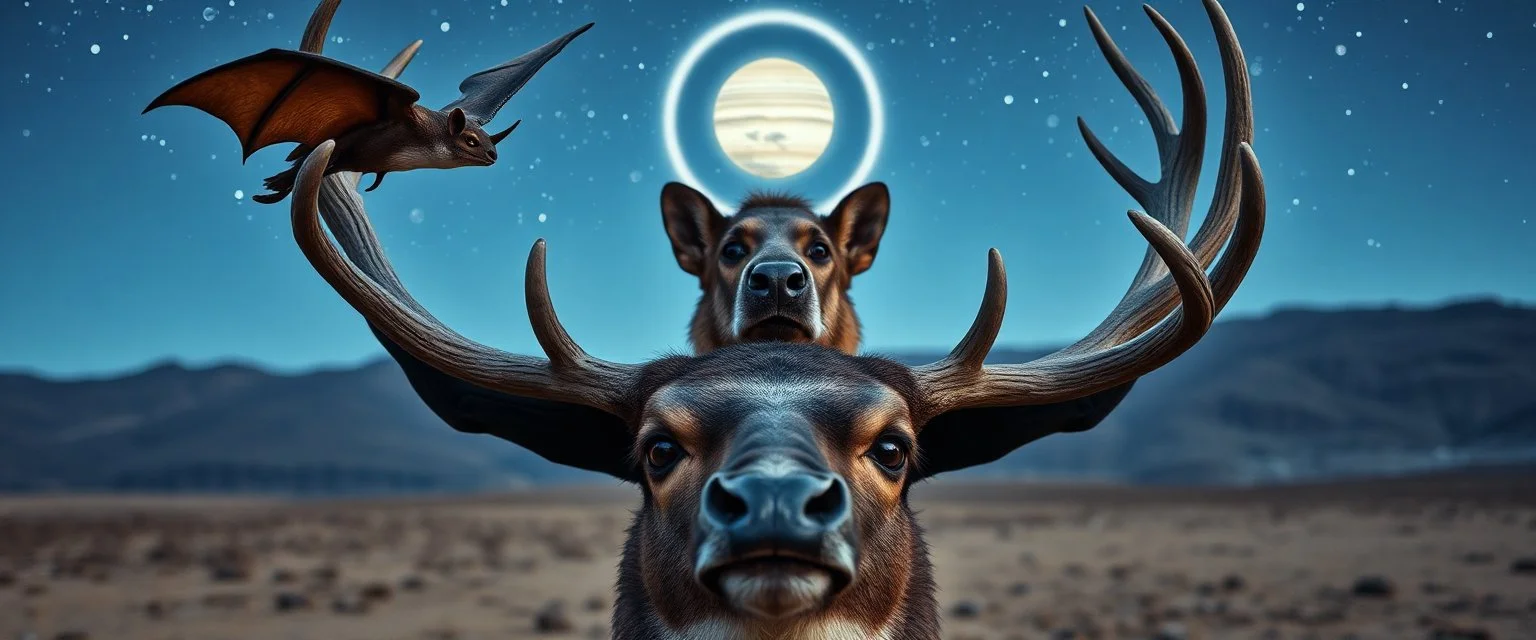 eyes of bat hound reindeer yoga man with the saturn as the pupils