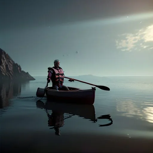 Charon in his boat on the river Styx, red black purple colours, 8k, high definition