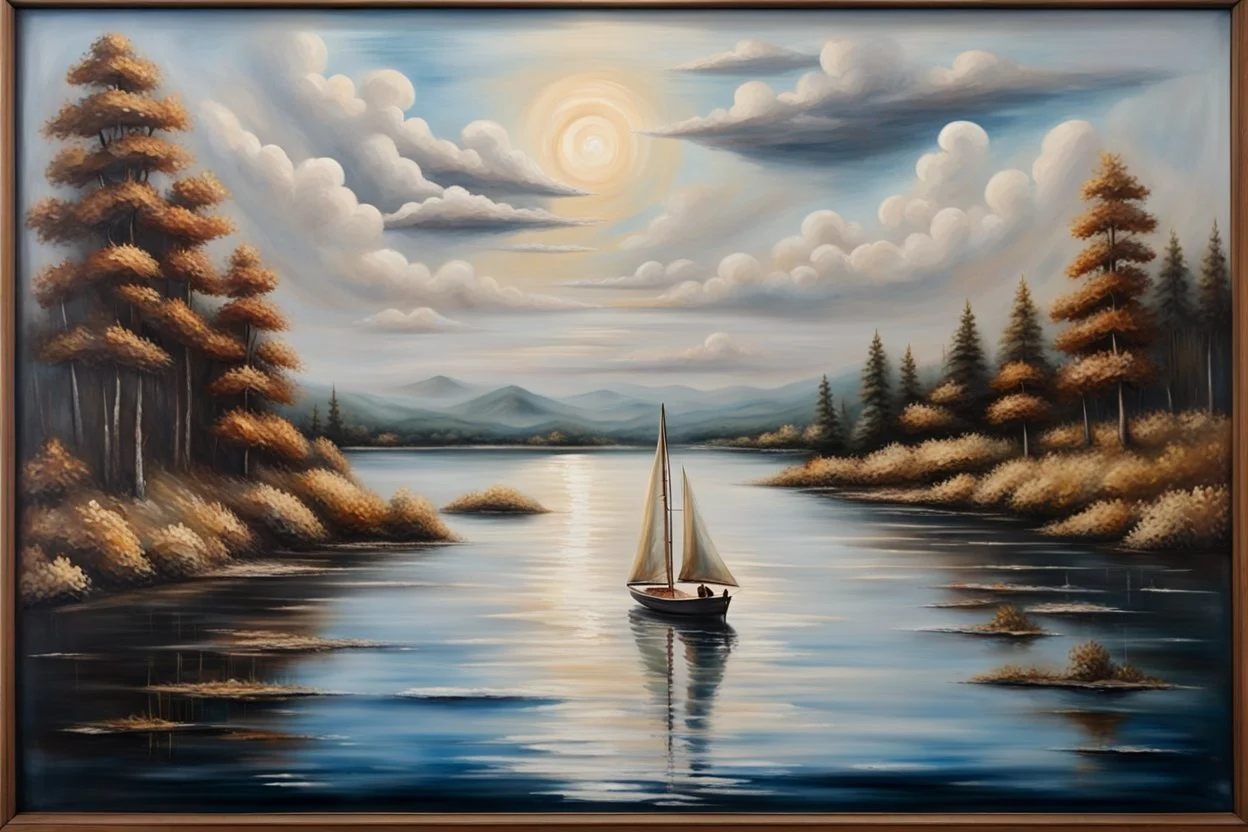 an encaustic painting depicting a landscape of a lake and a single sailboat sailing on it. Add an island and details to create an example of beautiful artistic work. Modifiers: highly detailed masterpiece photorealistic dynamic lighting fantastic view metchley wet oil and wax