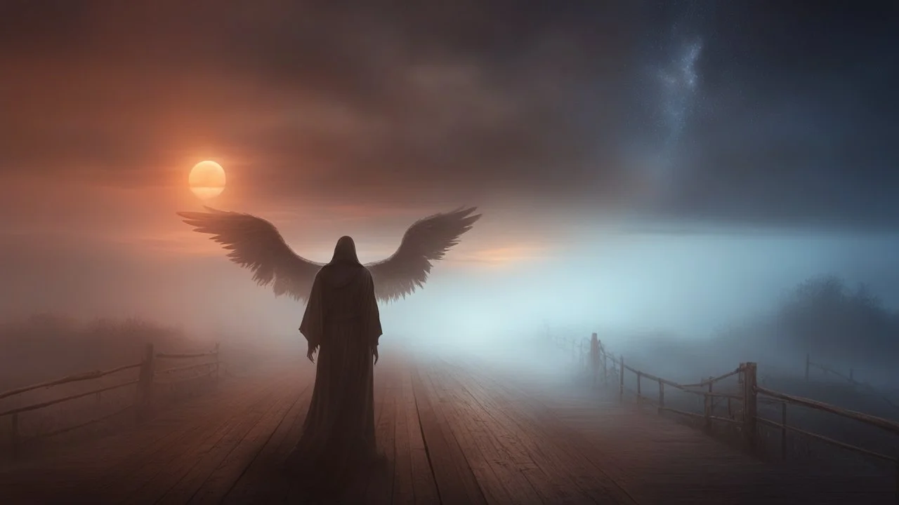 walking straight ahead over a wooden bridge, holding the angel of death with your right hand, entering the fog at the end of the road that leads to the afterlife, and a beautiful sunset and galaxy's behind the fog, realistic