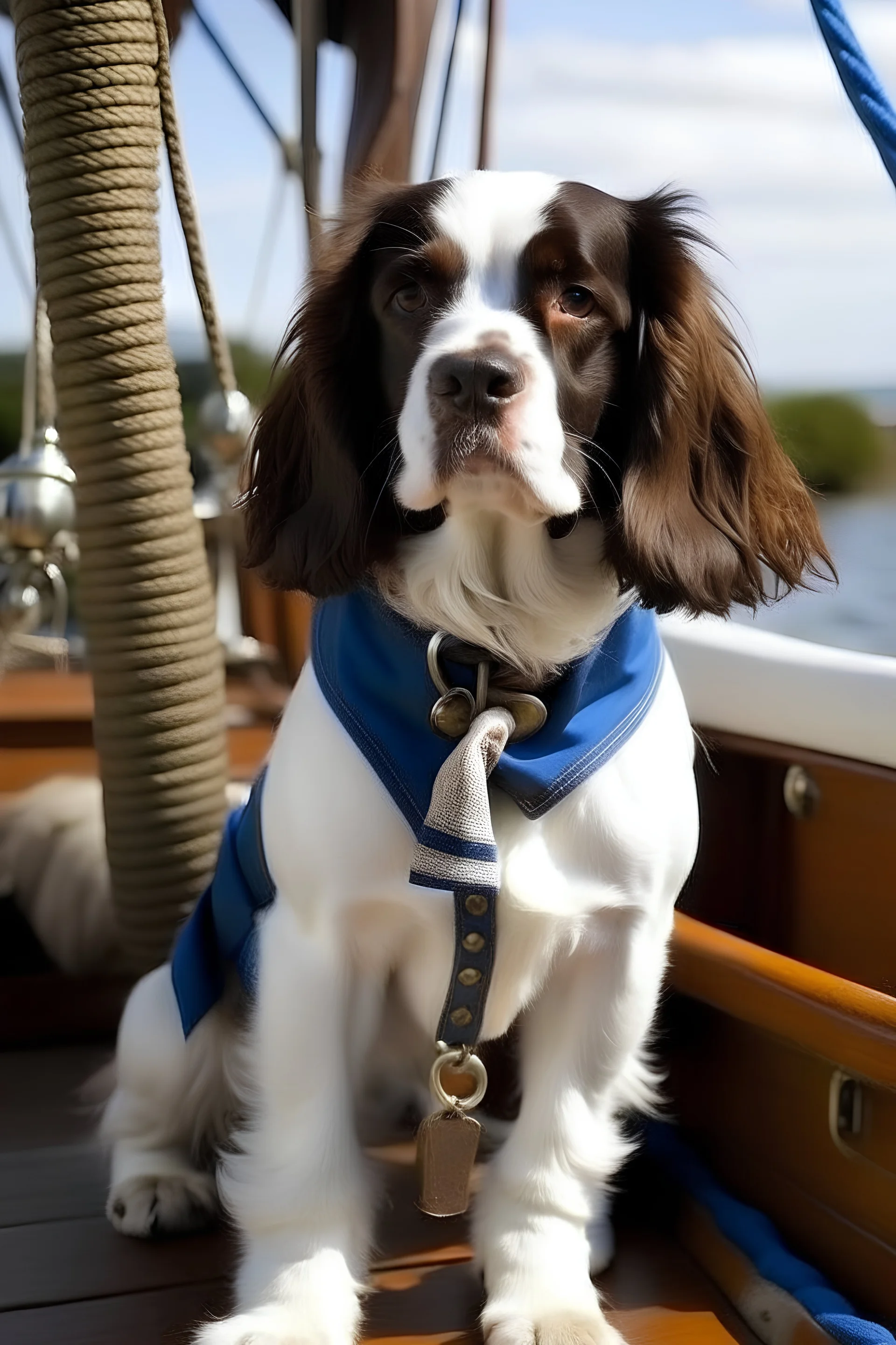 springer spaniel on a sailboat dressed as a captain