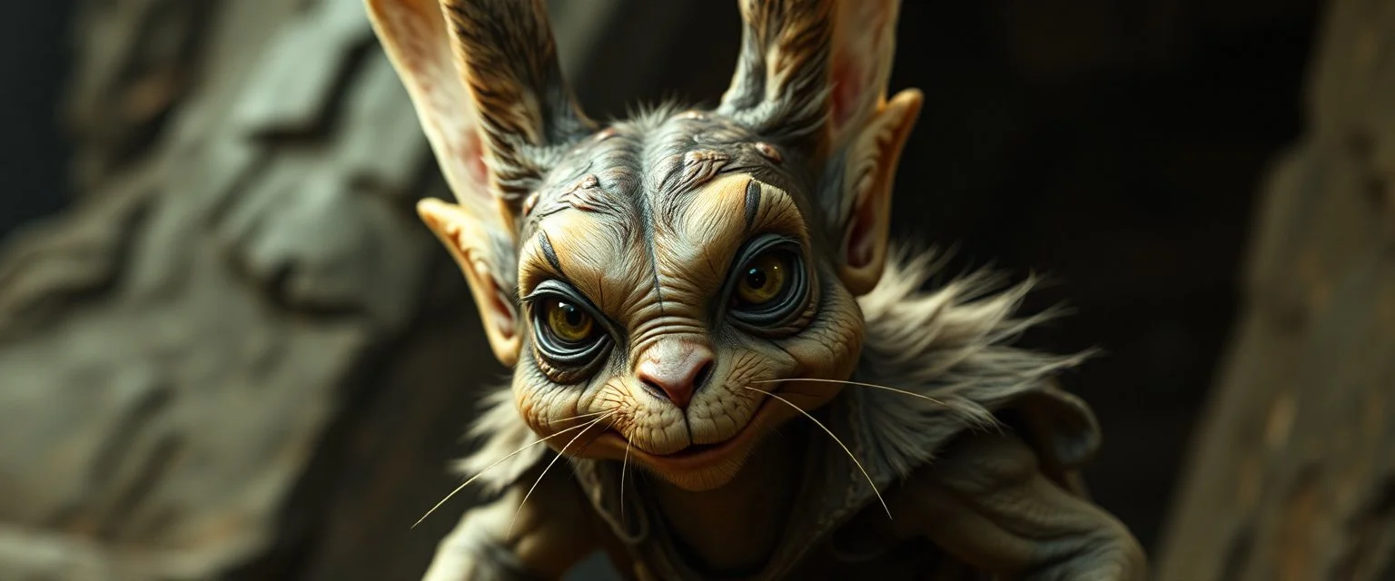 rabbit elf gremlin in style of Rembrandt and Fallout 4, with motion blur