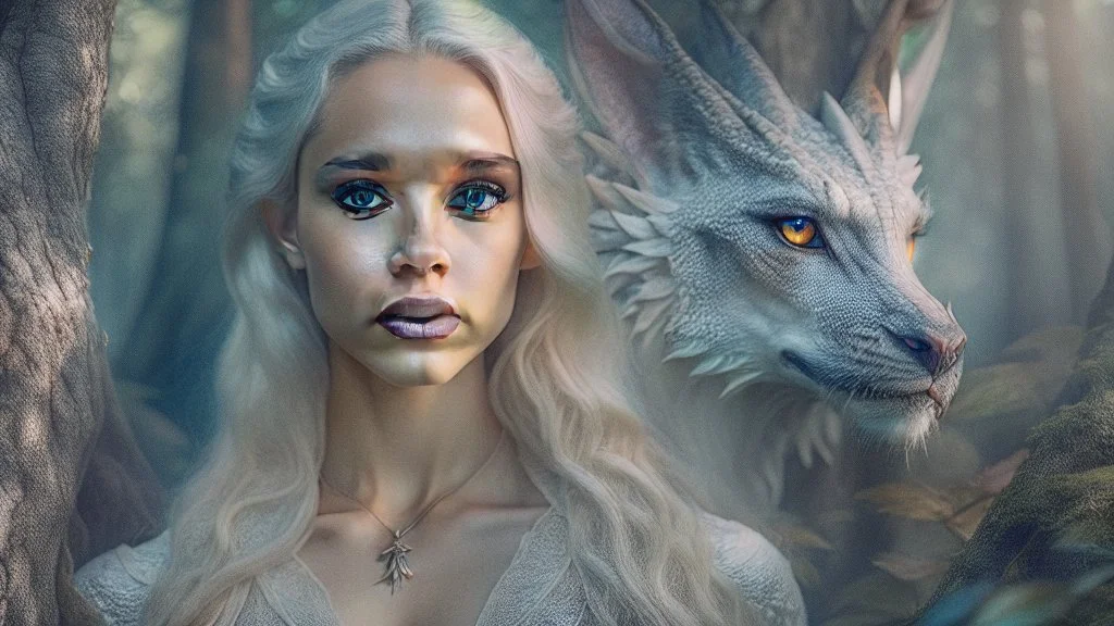 whole body image of beautiful 20 year-old Emilia Clarke as Daenerys Targaryen from Game of Thrones in a mystical enchanted forest standing next to Drogo the dragon, HD 8K, sharp detail, hyperrealistic photo accurate face and features, cinematic lighting