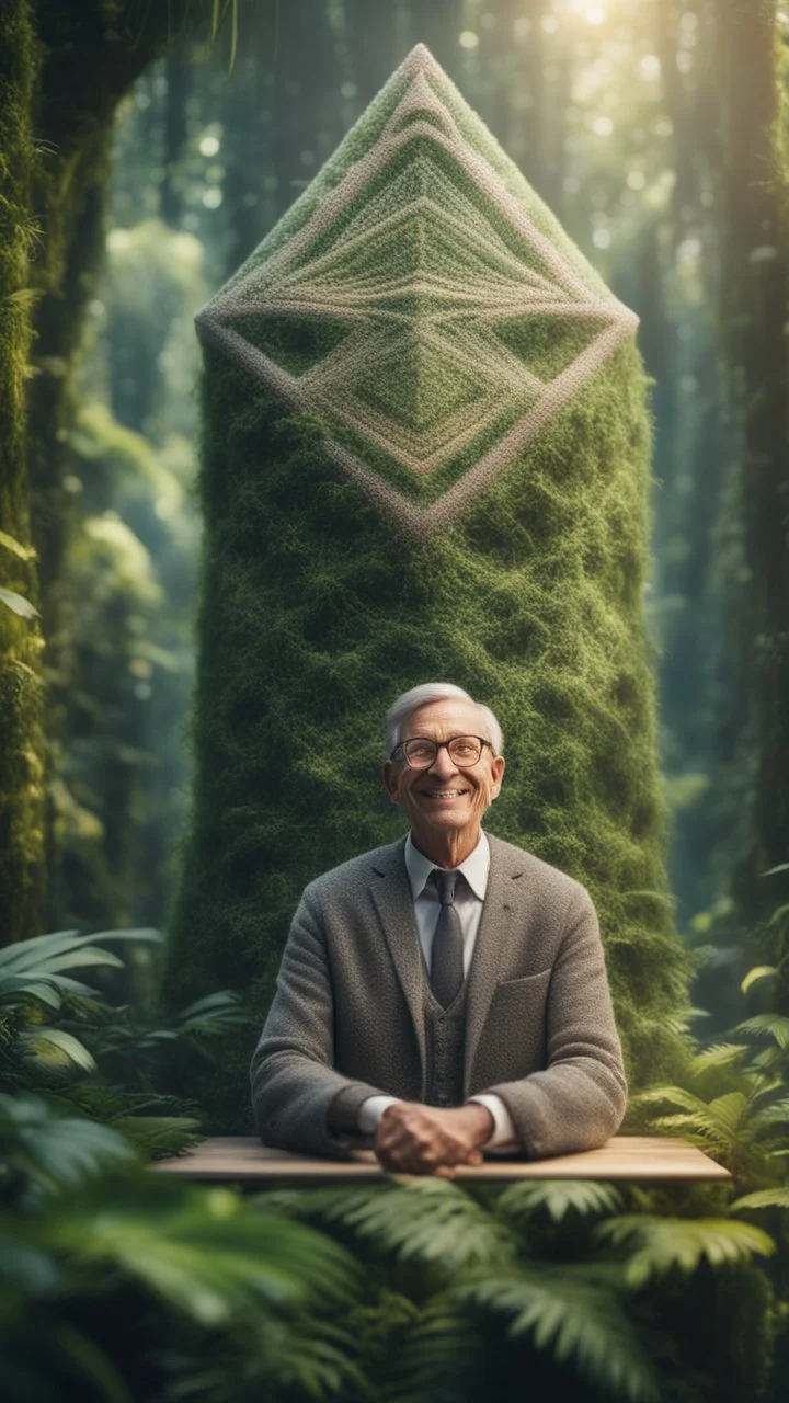 portrait of a happy blissed professor woven into a sacred geometry knitted tapestry tower in the middle of lush magic jungle forest, bokeh like f/0.8, tilt-shift lens 8k, high detail, smooth render, down-light, unreal engine, prize winning