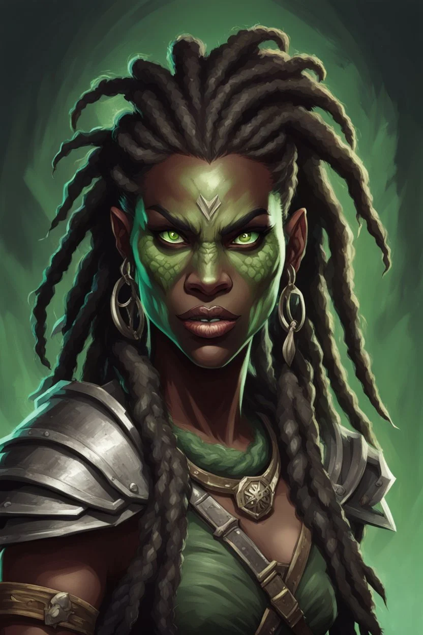 dungeons and dragons character portrait of a beast human female warrior with black skin, dreadlocks, thick eyebrows, big fangs and green eyes.