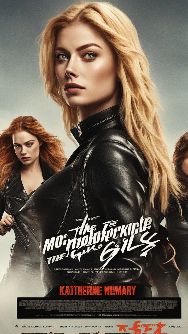Poster for an action film called "The Motorbike Girls" starring Katherine McNamara, Margot Robbie and Georgia Henshaw wearing tight leather catsuits.
