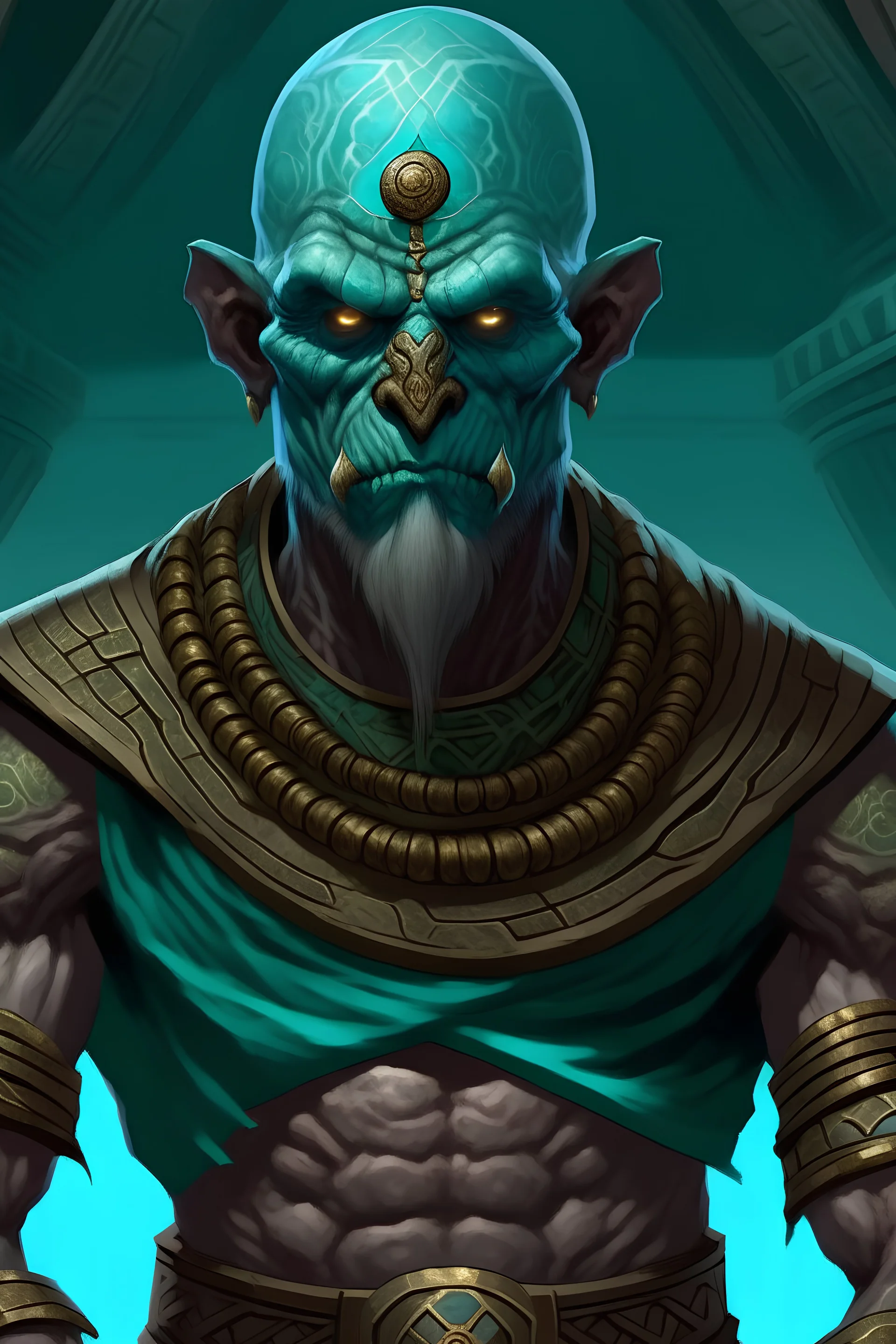 Goliath monk humanoid 10 feet tall teal eyes