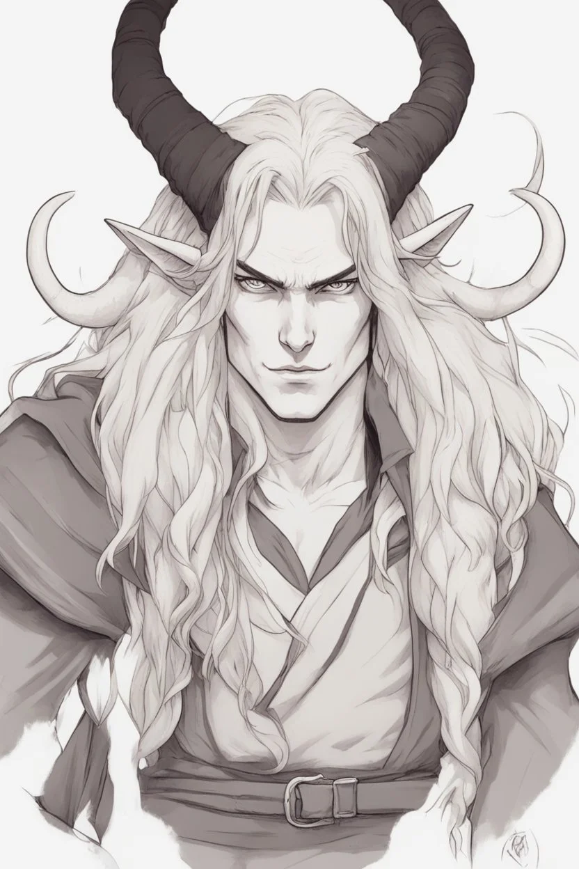 A dnd character portrait, a tiefling man with long hair and long black horns, white eyes and pale skin. Rogue.