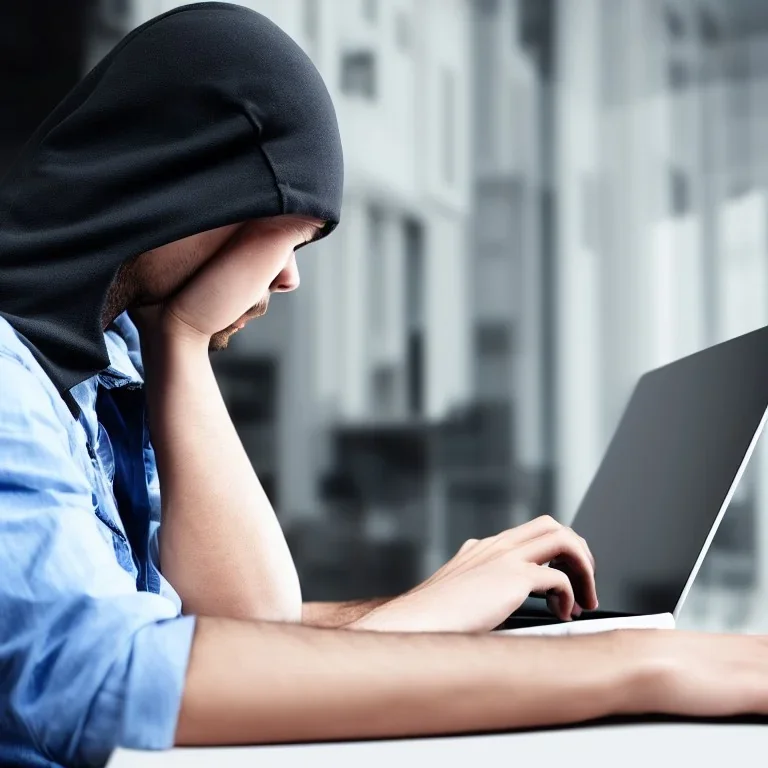 Hacker sitting at laptop, frontal view, award winning photograph