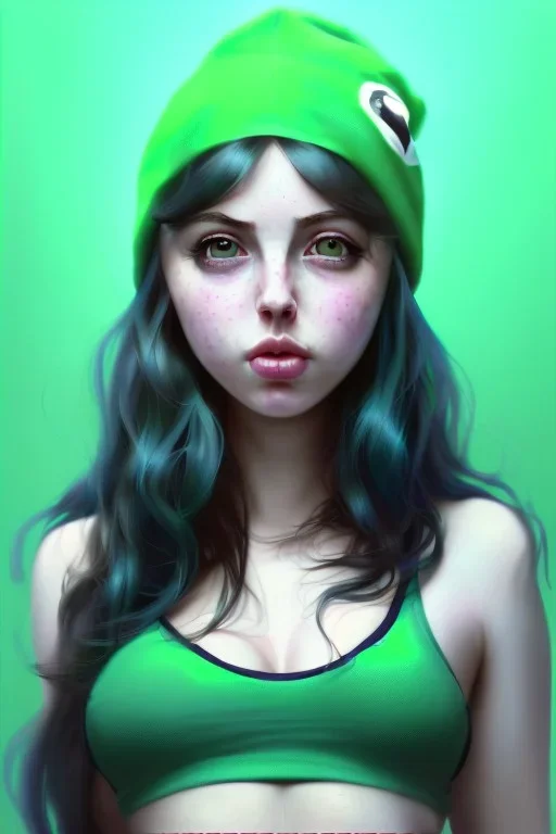 bellie eilish, cute, big boobs , beautiful, long hair, wavy hair, green hair, blue eyes, green beanie, green suimsuit, black tee shirt, green shorts, head and shoulders portrait, 8k resolution concept art portrait by Greg Rutkowski, Artgerm, WLOP, Alphonse Mucha dynamic lighting hyperdetailed intricately detailed