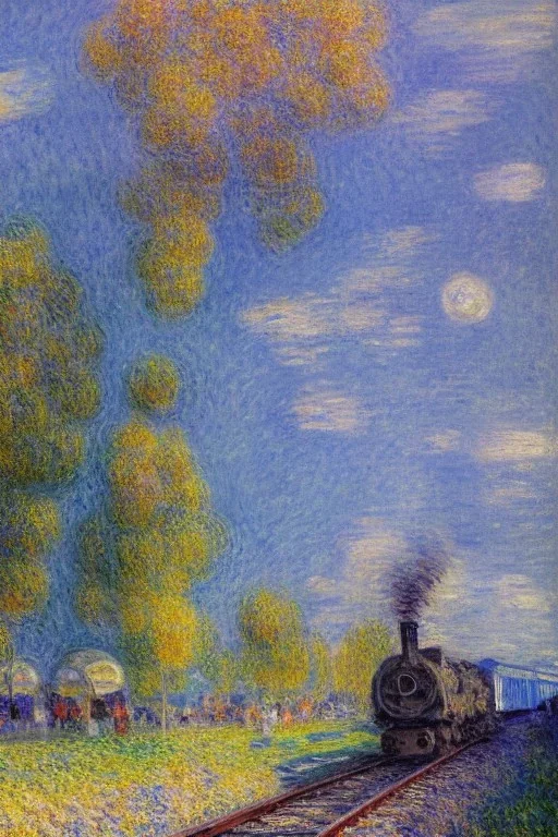 cyberpunk, Impressionist landscape, Impressionist painting, Alfred Sisley, Pierre-August Renoir, Claude Monet, Robert Hagan, textured paint, luminism, hyperrealism, fine art, train on a train track