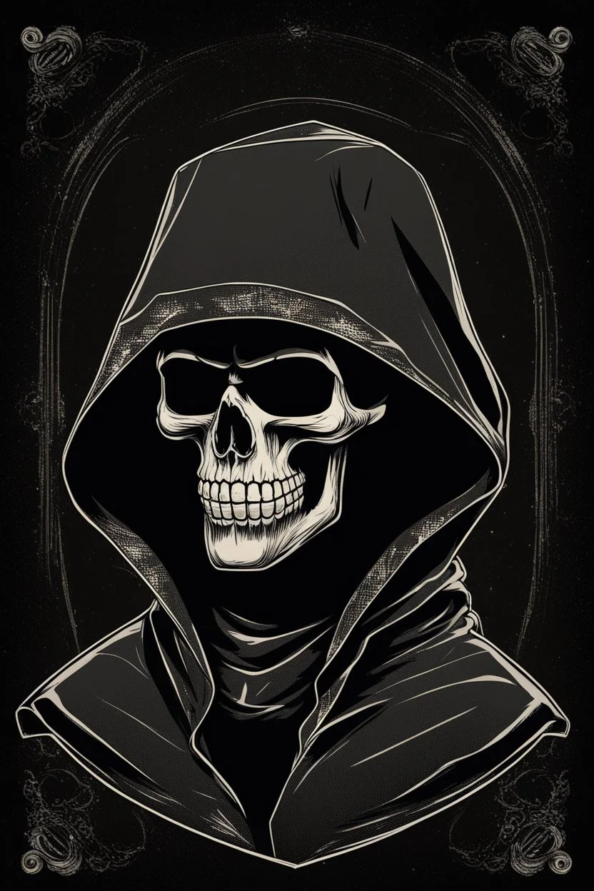 skull head on toy robot in a black hooded cloak drawn in a retro mascot style, inside a light diamond shape on a black background, monochromatic