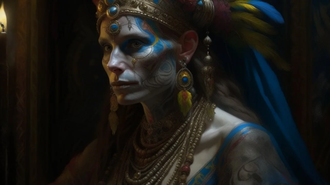 woman wearing colorful Death day face paint., painting by Donato Giancola and John Bauer and Vermeer, embroidered velvet, iridescent beetles, rich color, ornate headdress, flowing robes, lost runes, ancient civilizations,featured on Artstation, cgisociety, unreal engine