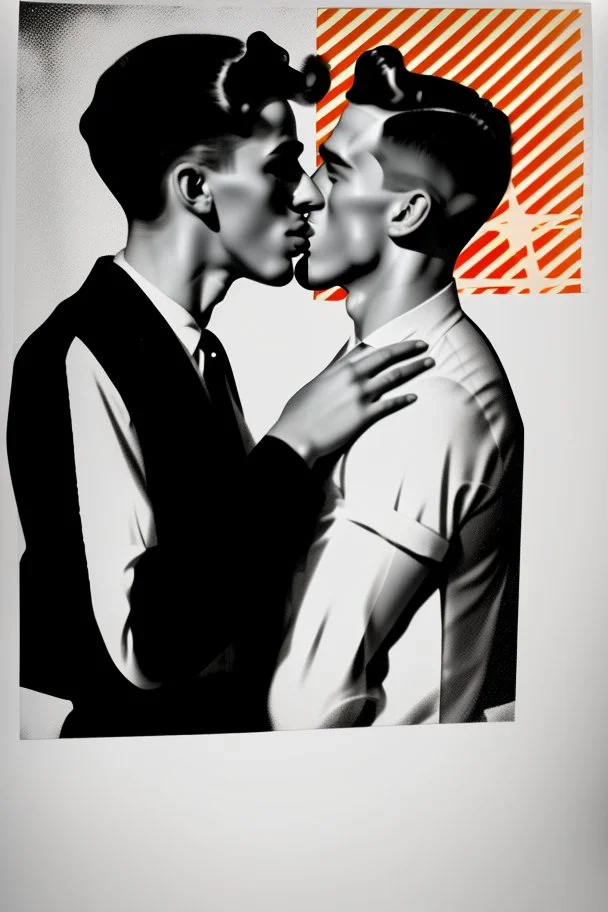 black and white photo of two men kissing, pop art background 1950s