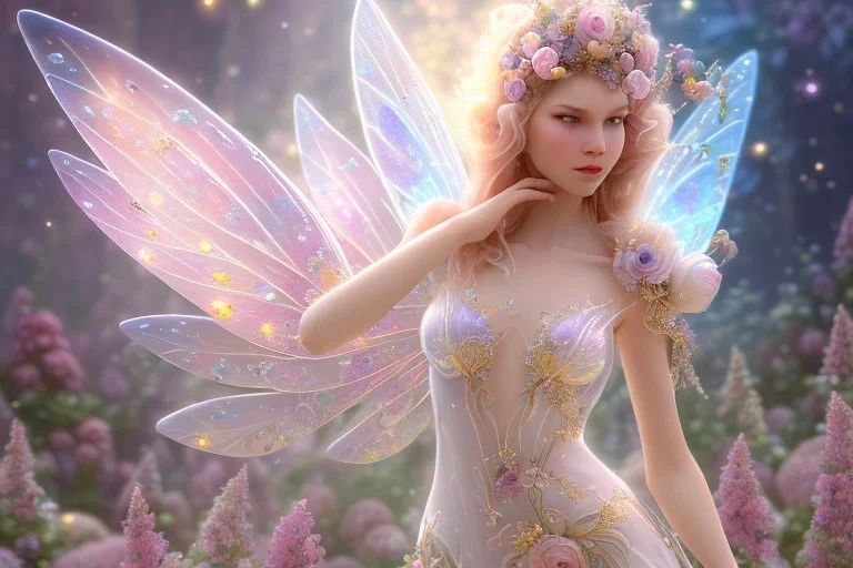 one very little beautiful fairy on a big crystal subtle flower in a galactic ambiance, transparent petals, delicate colors, in the foreground, full of details, smooth, bright sunshine，soft light atmosphere, light effect，vaporwave colorful, concept art, smooth, extremely sharp detail, finely tuned detail, ultra high definition, 8 k, unreal engine 5, ultra sharp focus