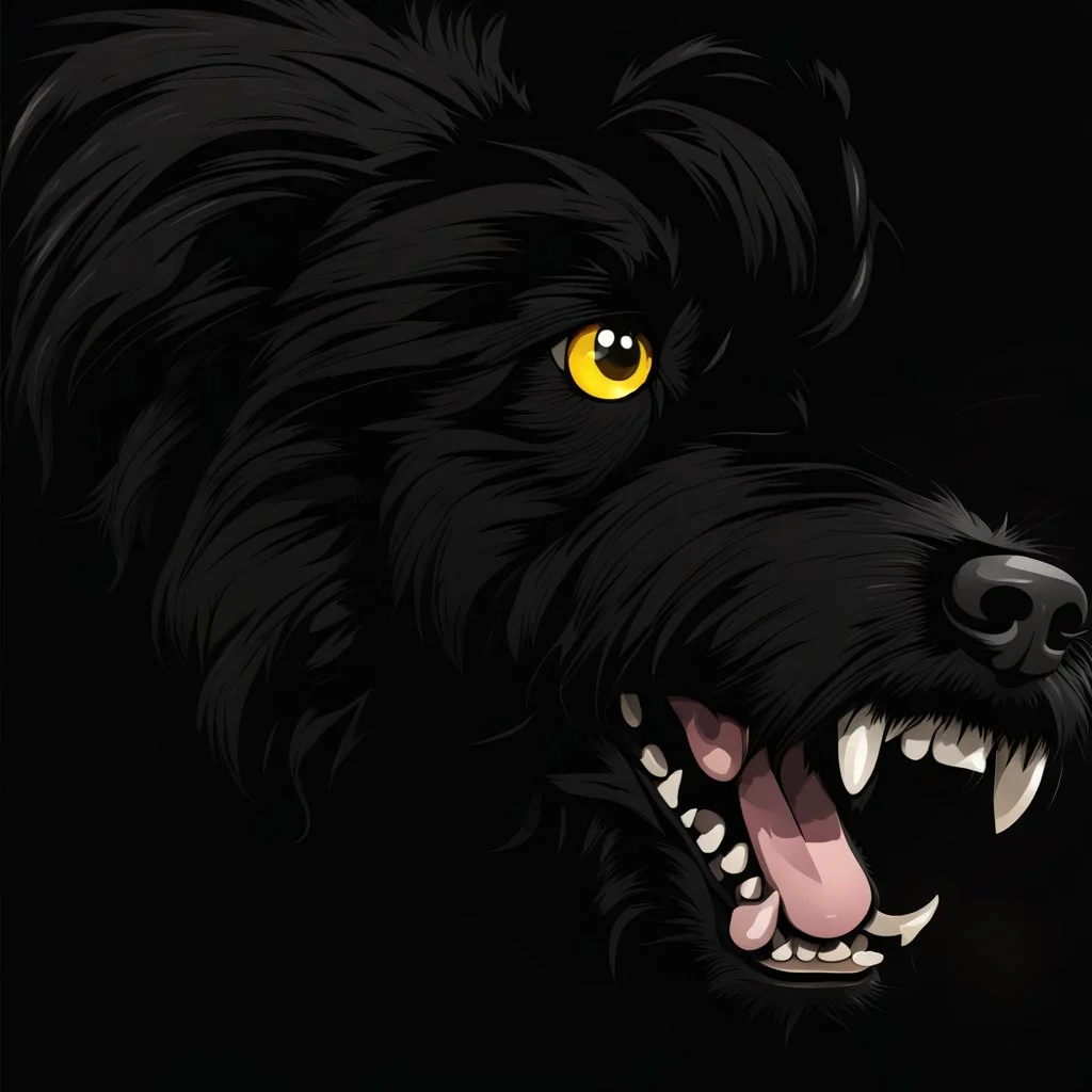 an angry scruffy black terrier on black background, yellow eyes, defined teeth, make 30% brighter, illustration