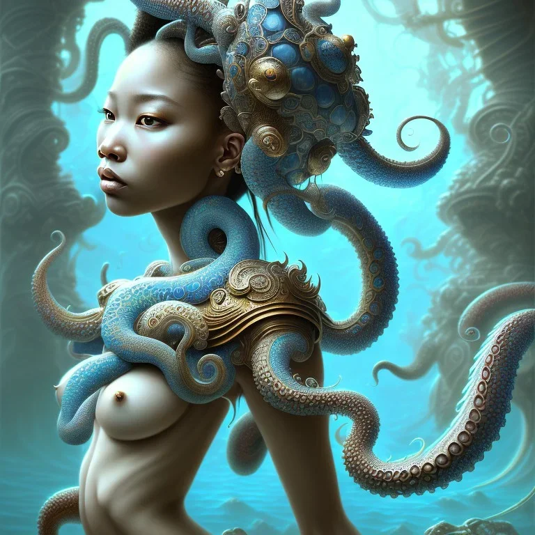 Sango fantasy, fantasy magic, intricate, sharp focus, illustration, highly detailed, digital painting, concept art, matte, art germ and Paul Lewin and Kehinde Wiley, masterpiece Japanese head bronze octopus' Asian African girl nice breast Thai hair turquoise silver blue under water