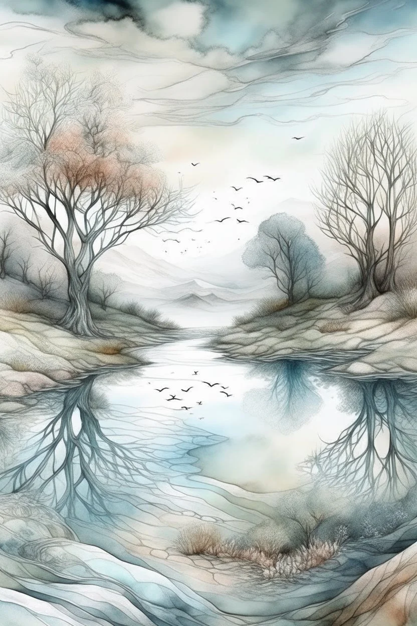 The place where the Dream and its followers live. A reflection of the sky. Watercolor, new year, fine drawing, beautiful landscape, pixel graphics, lots of details, pastel aqua colors, delicate sensuality, realistic, high quality, work of art, hyperdetalization, professional, filigree, hazy haze, hyperrealism, professional, transparent, delicate pastel tones, back lighting, contrast, fantastic, nature+space, Milky Way, fabulous, unreal, translucent, glowing