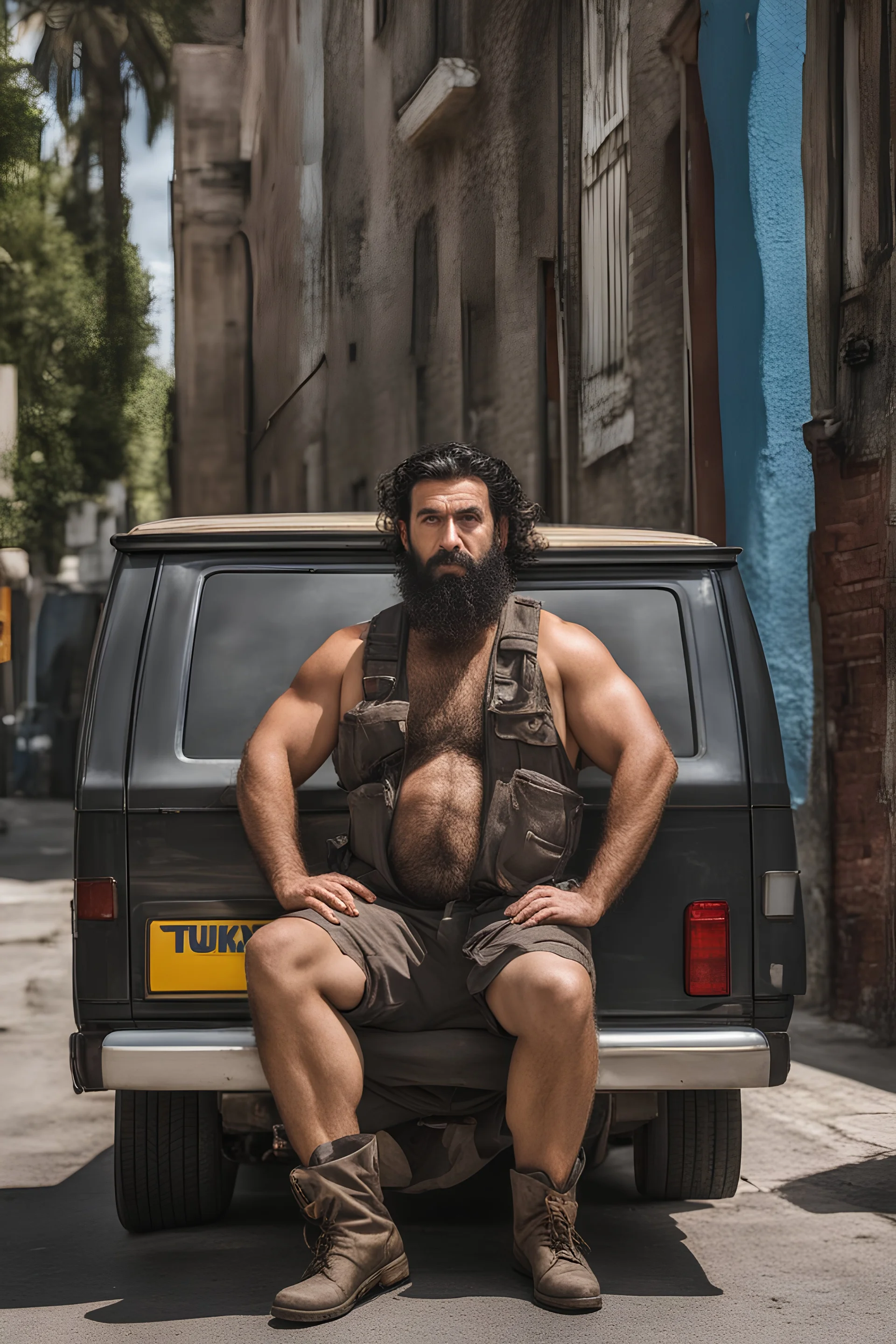 portrait photography of a 38 year old ugly beefy burly turkish plumber, wearing his work unbuttoned uniform, bulge, leaning with his back to his van, arms folded and angry look, , hairy chest, big belly, very virile, long black beard, shaved hair, sweat, , in a sunny street, photorealistic