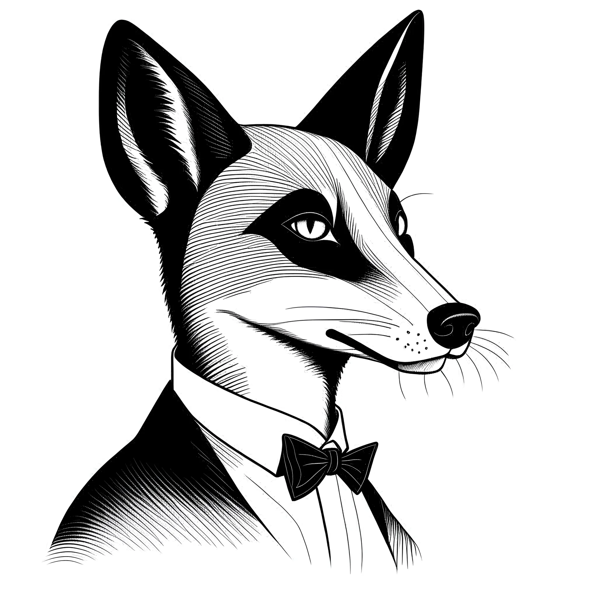 A Duke with a beautiful, quiet, black fox head, a simple, clear drawing.