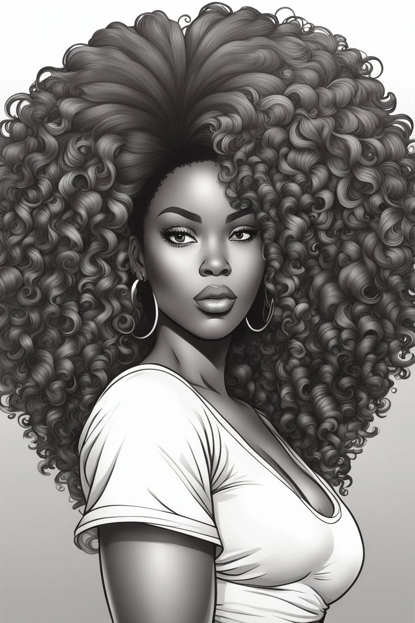 Create a coloring page of a beautiful curvy black female looking to the side with curly afro hair. No shading, No color, clean lines