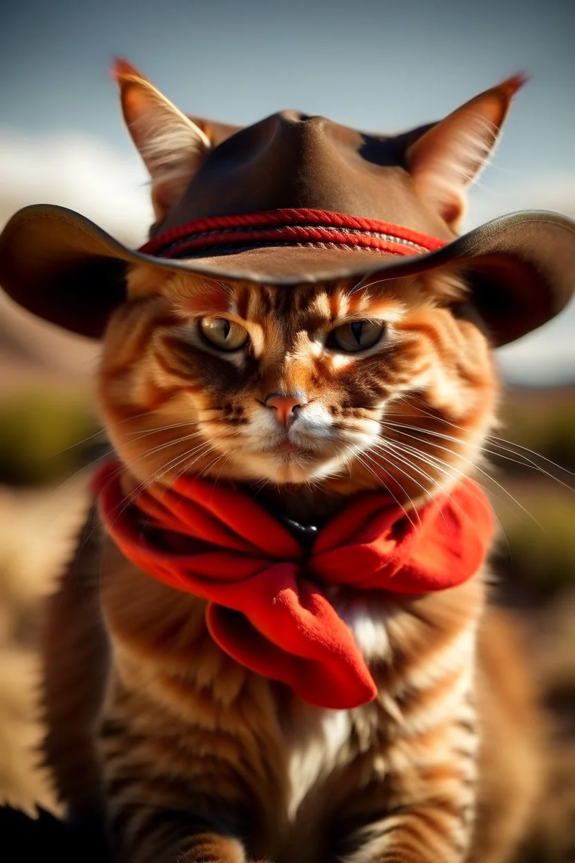 gato colorado, vestido de cowboy, dentro de el lejano oeste. clima desértico, flora y fauna autóctona