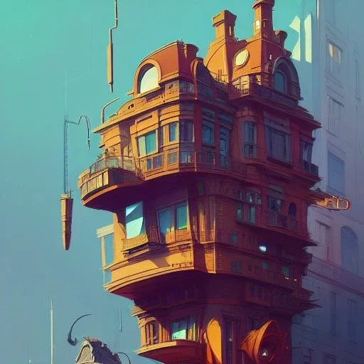 interwarmodernism architecture+detailed facades+Book illustration by Gediminas Pranckevičius, Jean Baptiste Monge, Brian Kesinger, Anton fadeev, strong lines, high contrast vibrant colors, highly detailed, 16k resolution, trending on behance""