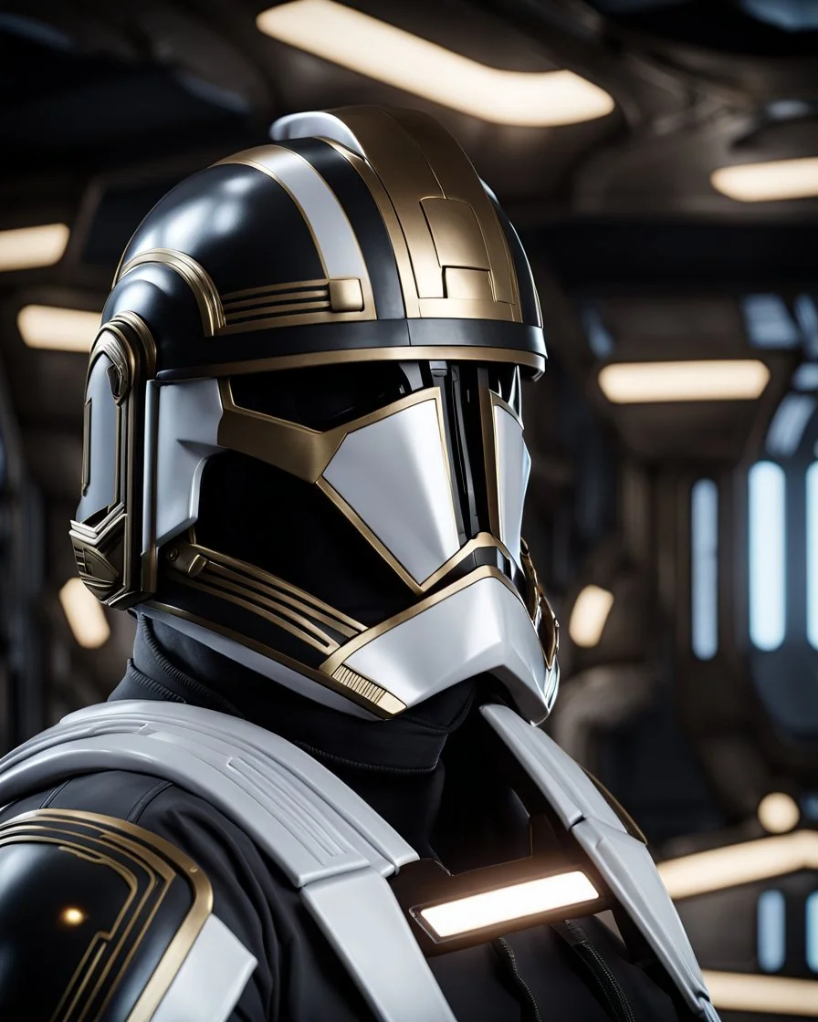 star wars bald male corellian pilot wearing pearlescent black and gunmetal grey First Order special forces armor and helmet with gold trim inside the jedi temple, centered head and shoulders portrait, hyperdetailed, dynamic lighting, hyperdetailed background, 8k resolution, volumetric lighting, light skin, fully symmetric details