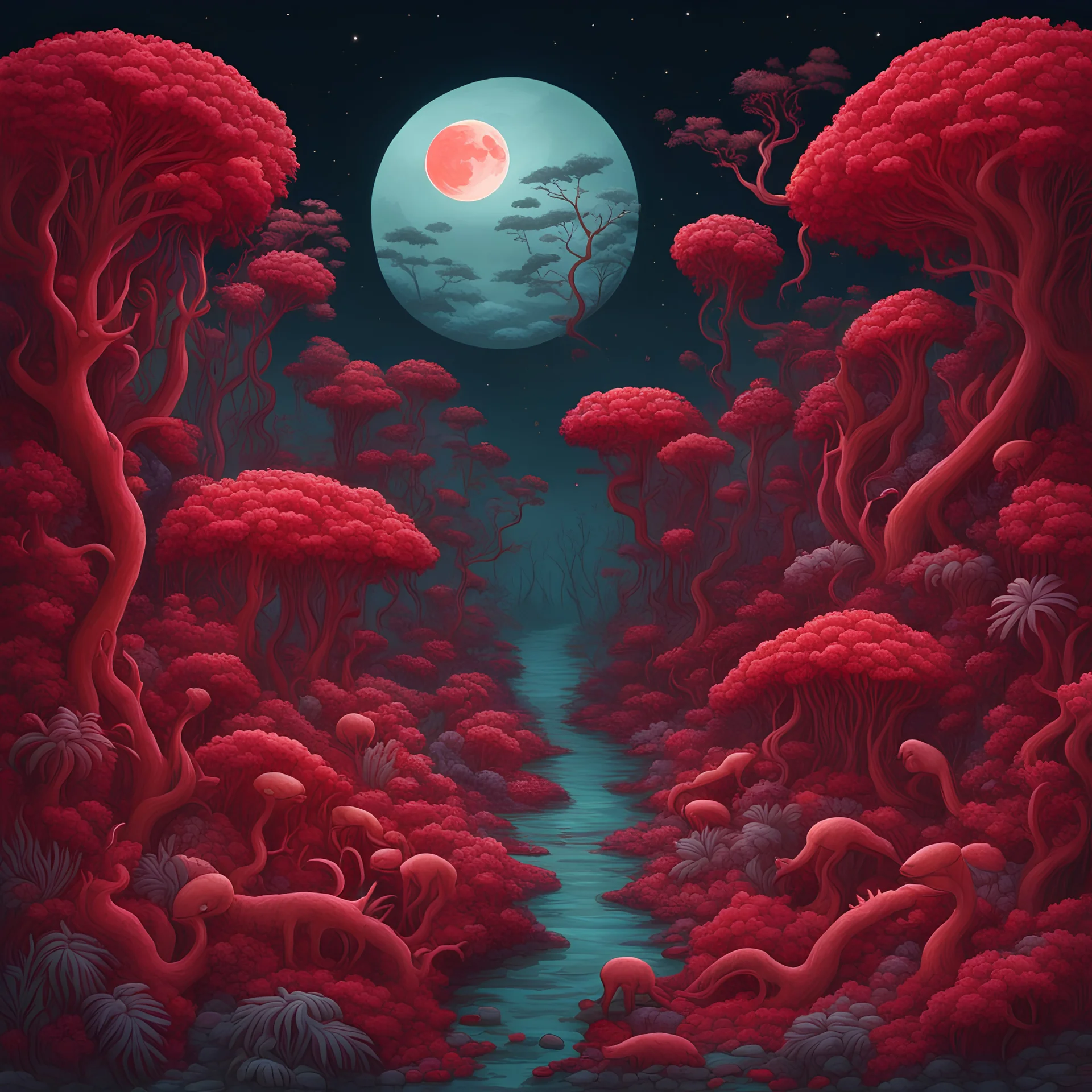 A jungle made of crimson coral under a crimson moon in which crimson critters live and hunt, in surrealism art style