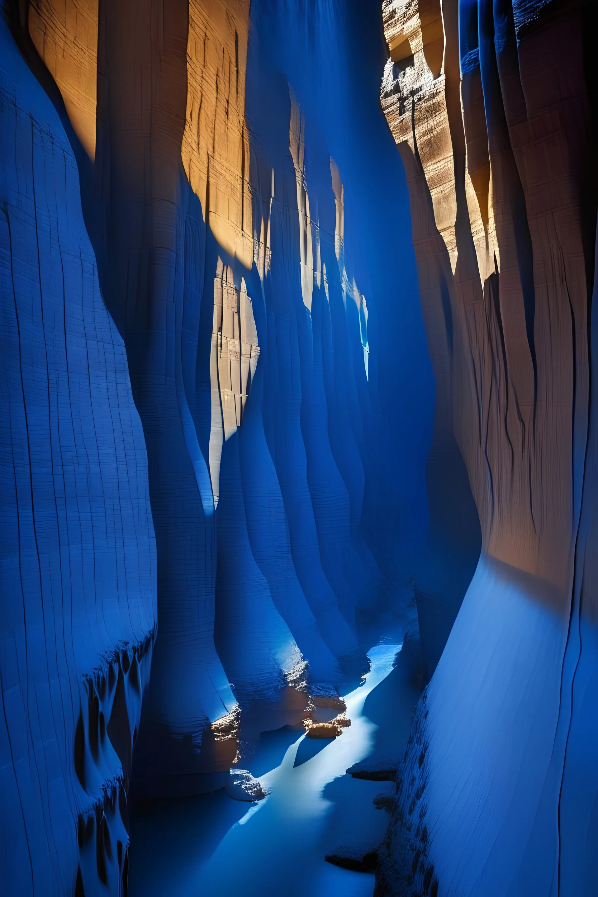 A national geographic photo of Shadows on the wall of a canyon take the shape of a great army, swords raised in battle as the river gushes around the curve of the cliff. 3d with depth of field and shadow, brutalist, ultra realistic hyperdetailed, blue hour epic lighting