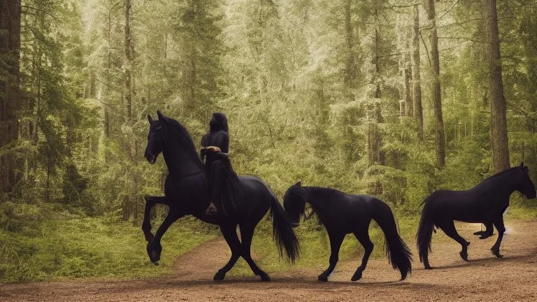 warrior sorcerer leading a black horse on forest path