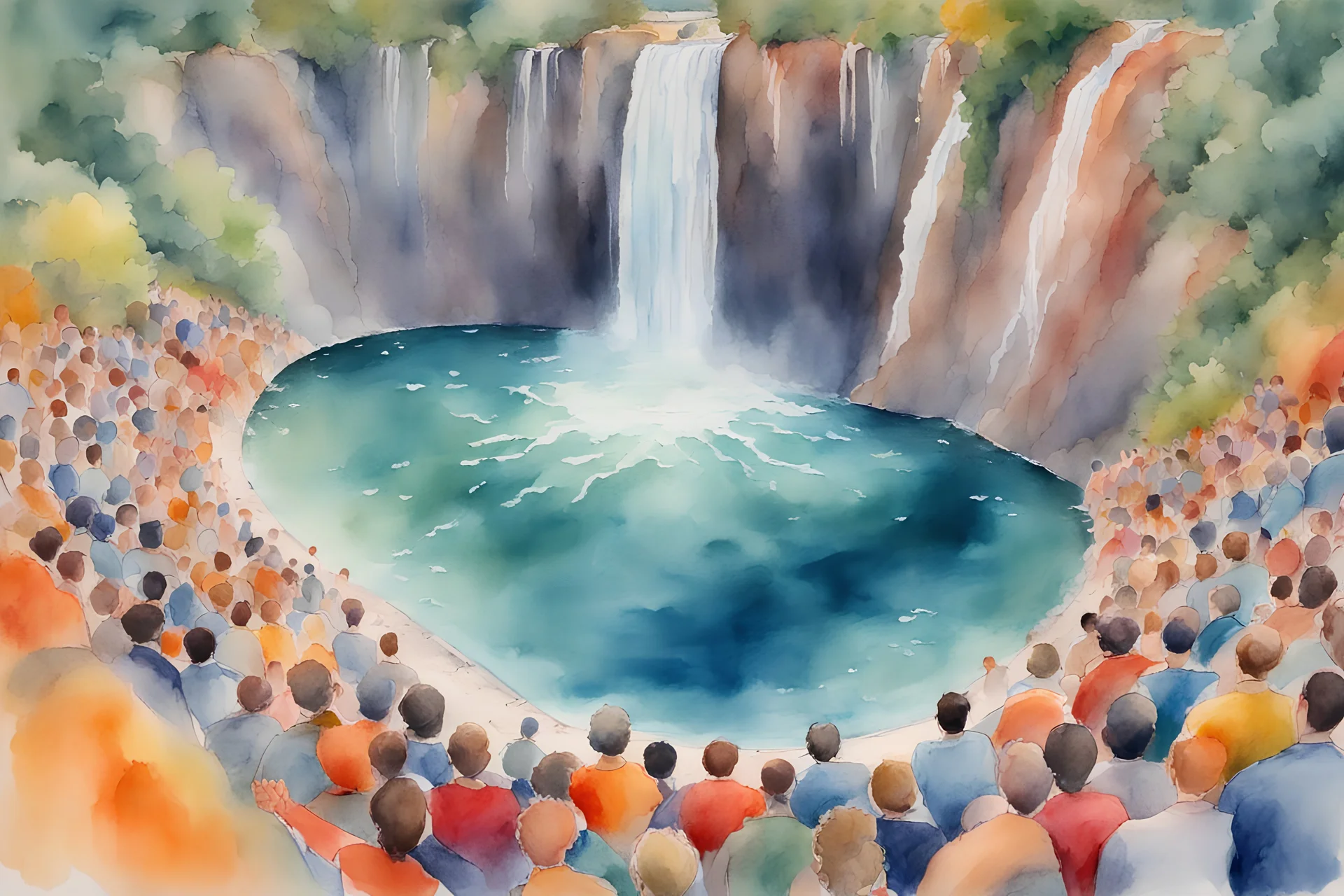 水彩画，简单的水彩画，基本的水彩画，鲜艳的色彩，鲜艳的色彩，从大片水体的正上方看，湖中的大洞，满是人类的瀑布，瀑布四面八方围绕着一大群人，直视水面，瀑布，巨浪，激流，一大群人一起游泳，一大群人在水体中游泳， 人类看起来很困惑，人类淹死在瀑布包围的一大群人中