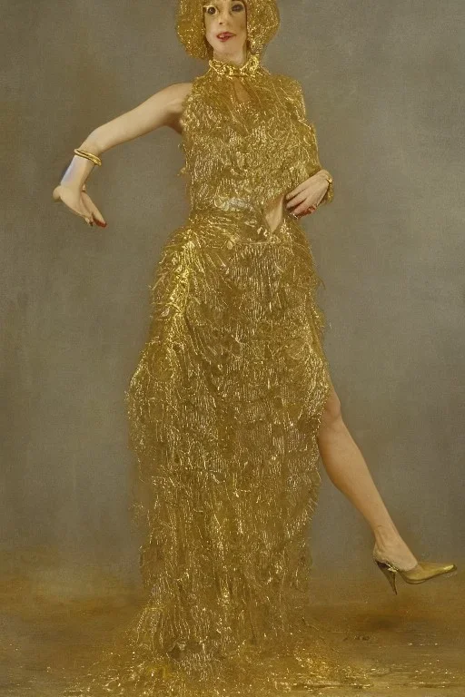 Full body portrait, medium shot lady made of gold