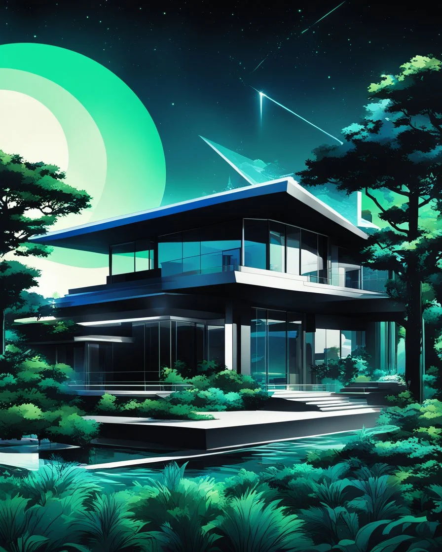 A modern country house, neofuturistic, retro anime art style, silver, blue and green colors. Pure black backgroundc7