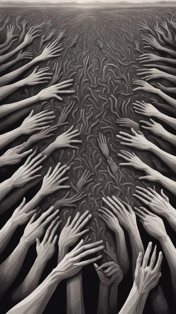a field of thousands of hands of bodies buried in the ground not visible, horror, hands with different fingers shapes Busch painting style nightmare and thin line draw