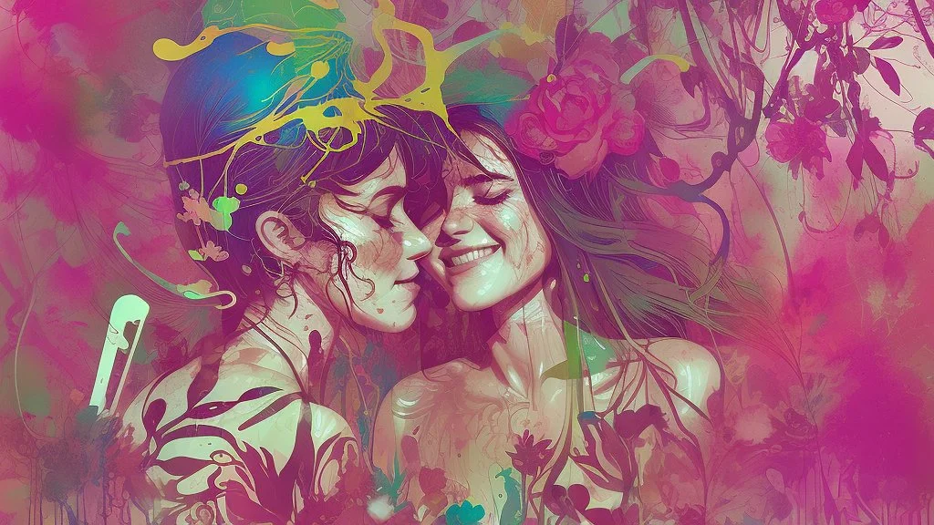 Band_playing_music+Flowers+crowds_of_laughing_happy_people_dancing&holding_beer_mugs double exposure liquid gouache illustration with ink splash art, CG Society and Carne Griffiths and James Christensen and Dan Mumford, Lou Xaz, active double exposure joyful